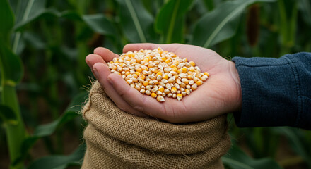 Corn grains in the hand of a successful farmer, in a background green corn field. Close up of hand full of corn in a jute sack from a young farmer. Spring sunny day rural scene