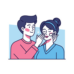 A loving couple shares a skincare routine. A young man gently applies moisturizer to his partner's face. Vector illustration of beauty and wellness.