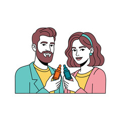 A vector illustration of a stylish young couple sharing their skincare routine, holding cosmetic serum dropper bottles and smiling together