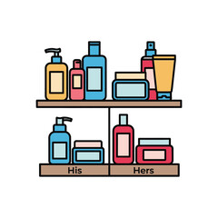 Vector illustration of a couple's shared skincare shelf with his and hers products. Bathroom organization and beauty routine concept.