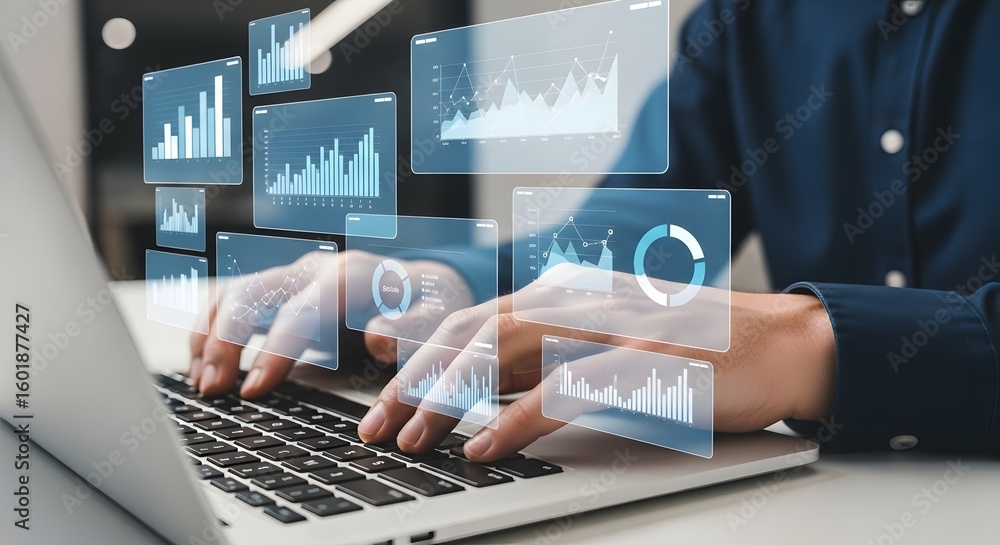 Poster analyzing data visualization on laptop for business intelligence and analytics seo