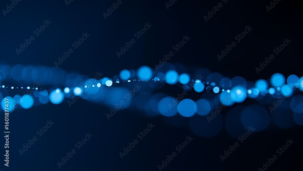 Poster an abstract dark blue background with a flowing wave of glowing blue bokeh lights representing digit