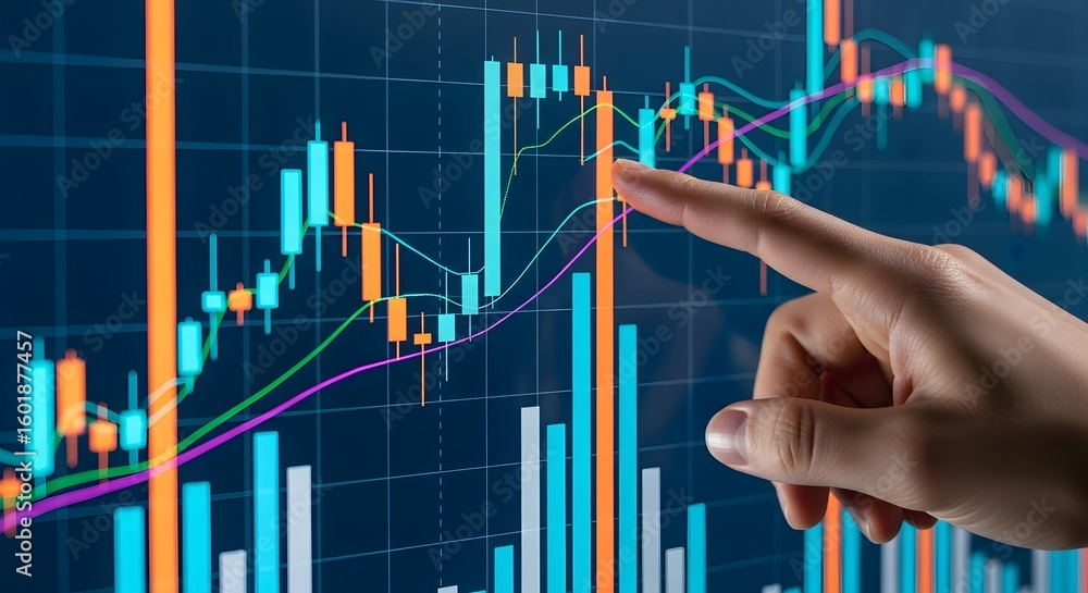 Poster analyzing stock market data financial charts and graphs with hand pointing at screen