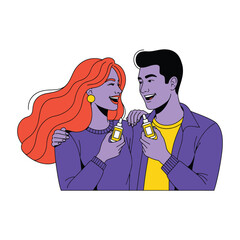 Happy young couple enjoying their skincare routine together, holding serum bottles. Vector illustration of a man and woman in a relationship.