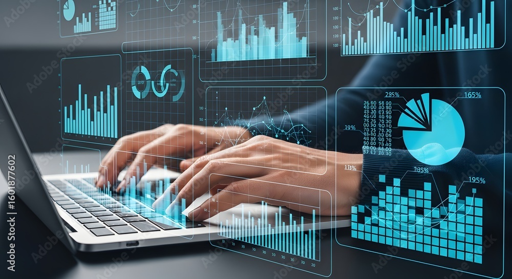 Poster data analysis on laptop with business intelligence and analytics dashboards shown
