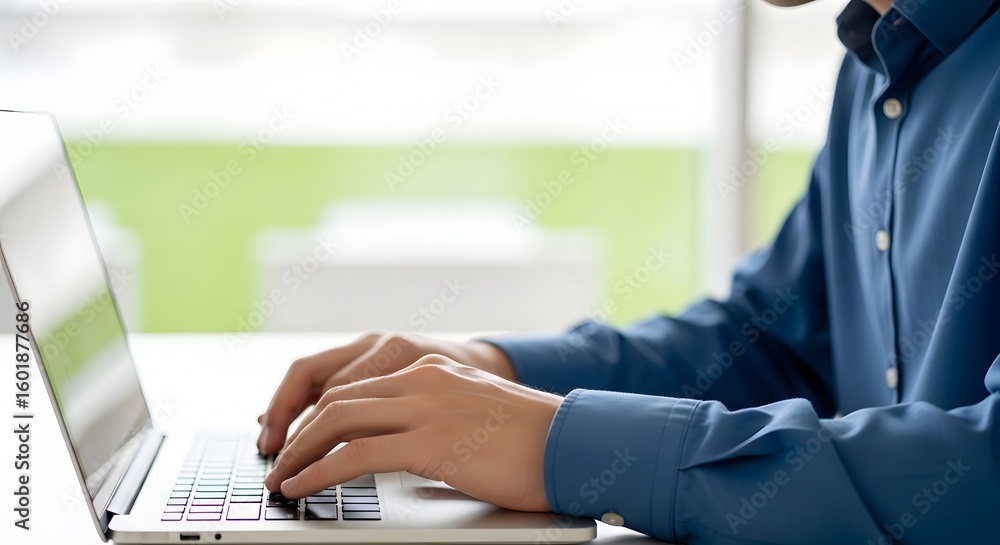 Poster man typing on laptop computer working from home office remote work productivity focus