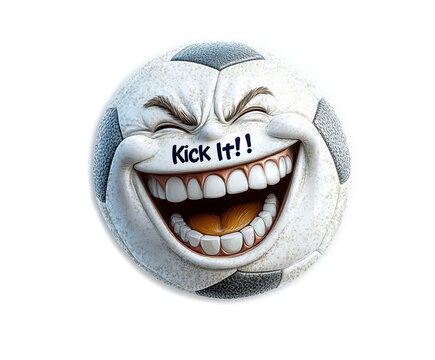 A cheerful cartoon soccer ball with an exaggerated smile and the text 'Kick It!' across its surface, bringing fun to the game.