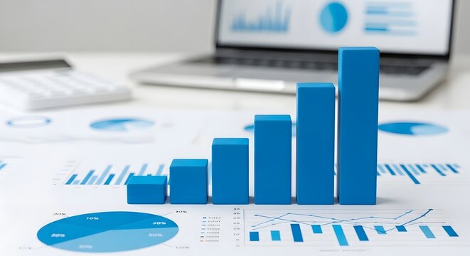 Business growth analysis charts and graphs financial data report with laptop stock