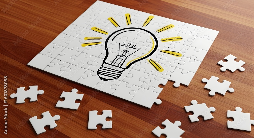 Poster puzzle idea concept, lightbulb innovation jigsaw, creative problem solving and solution