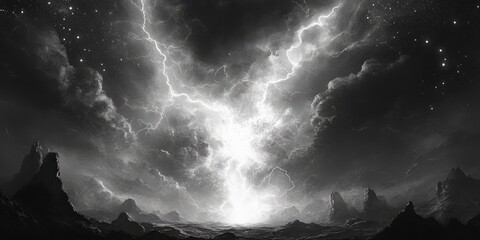Dramatic grayscale landscape with a powerful lightning storm