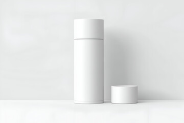 White Round Container on White Surface in Studio Lighting. Mock up promotion information for marketing announcements and details, blank white space.
