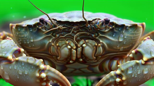 Close-up Front View of a Detailed Aquatic Crab with Water Droplets on its Shell and Prominent Eyes Against a Green Background