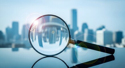Plakat Magnifying glass focusing on city skyline for business analysis and investigation