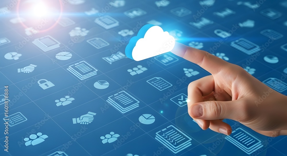 Poster cloud computing technology concept with hand touching cloud icon on digital screen