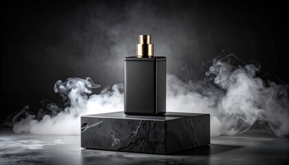 Matte black masculine perfume bottle mockup on a dark concrete pedestal with smoke and dramatic moody black background, luxury, minimal label design, for commercial branding