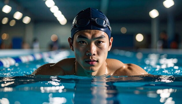 A young Asian male student is swimming in a pool. High quality.