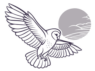 Obraz premium Barn Owl Flying Silhouette Vector in Elegant Pose with Smooth Lines and Minimalist Black Shape on White Background for Nature Art.eps