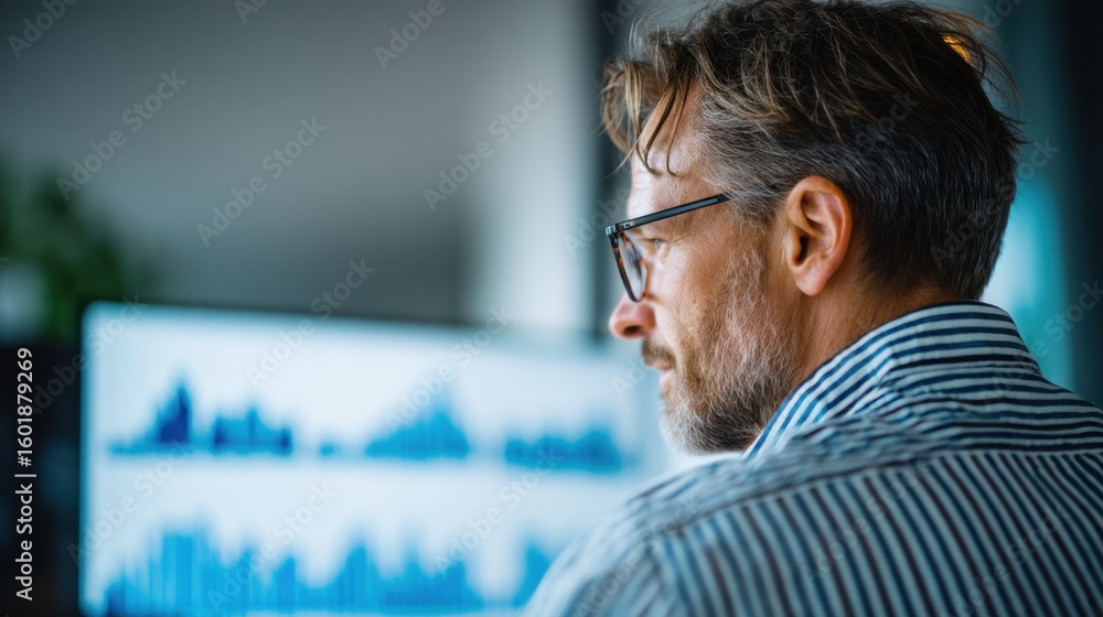 Poster analyzing business data trends office environment informal setting close-up view professional insigh