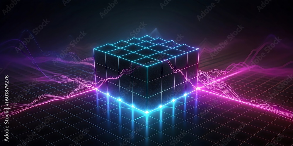 Poster a glowing blue and purple cube sits at the center of a digital grid with abstract data streams flowi
