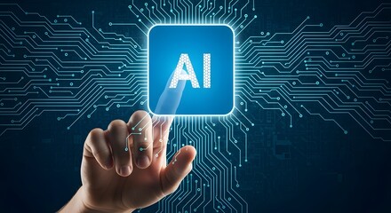 Hand touching ai interface on blue background with circuit board pattern and ai text inside