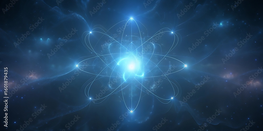 Poster an abstract representation of an atom with glowing blue particles orbiting a bright central nucleus.