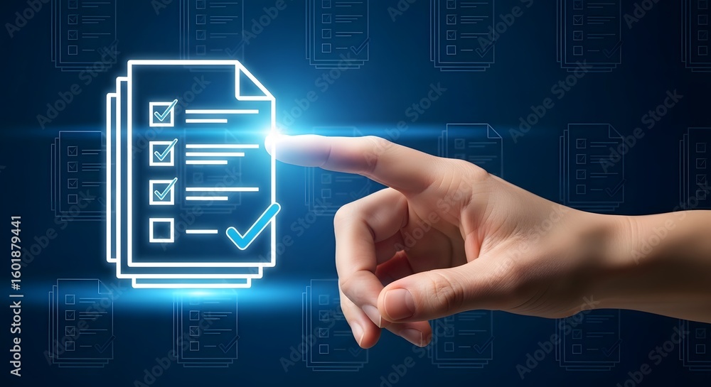 Poster a hand pointing at a digital checklist with checkmarks on a blue background with document icons