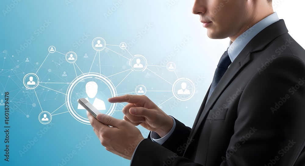 Poster businessman using smartphone with social network connection interface on blue background view