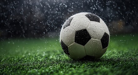 Fototapeta premium Soccer ball on green grass with raindrops during a soccer match. Copyspace. High quality, Generative AI.