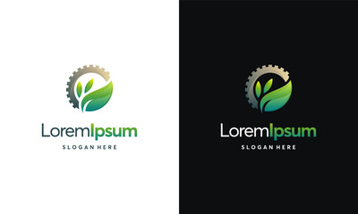 Modern nature technology logo, leaf and gear machine vector, Agriculture logo template icon, Green Eco Tech Logo Template Design Vector, Nature Industry