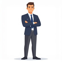 Obraz premium Professional Businessman Confidentially Standing with Arms Crossed in a Blue Suit and Tie