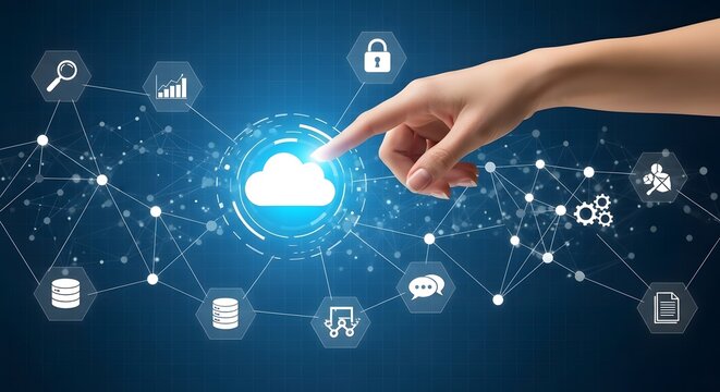 Hand touching a cloud icon surrounded by data and network symbols on a blue background