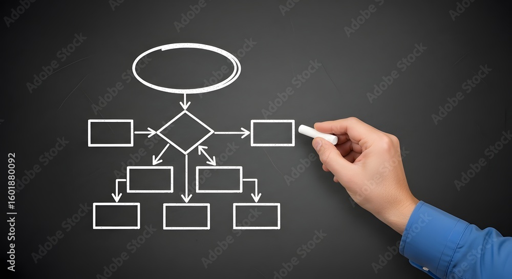 Poster a hand holding chalk drawing a flowchart with rectangles and a diamond on a dark background