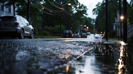 Naklejka premium Atmospheric Scenes of Streets after Heavy Rain: Glistening Pavements, Reflections of Neon Lights, Wet Storefronts, and Misty Alleyways with Fresh Raindrops, Puddles, and Post-Storm Serenity for Urban 