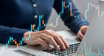 Person typing on a laptop with overlaid stock market chart in blue and orange color scheme