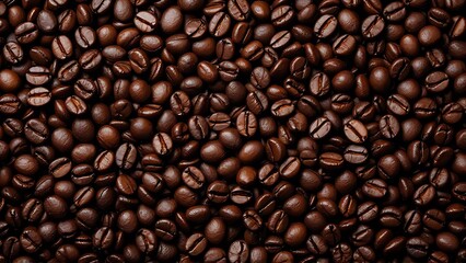 Fototapeta premium Detailed shot of dark roasted coffee beans. Great for product packaging, coffee promotions, cafe marketing, menu design, and food and drink visuals