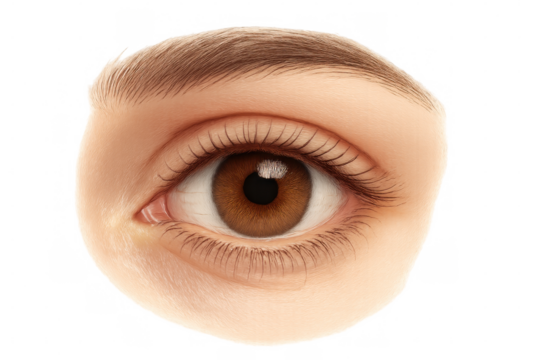 Realistic brown eye close-up revealing intricate eyelashes, defined eyebrow against transparent background, highlighting natural beauty and medical imagery