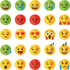 Fototapeta premium A grid of various colorful emoji faces expressing different emotions and feelings icons
