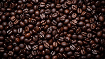 Obraz premium Detailed shot of dark roasted coffee beans. Great for product packaging, coffee promotions, cafe marketing, menu design, and food and drink visuals