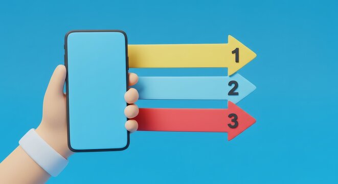 Mobile Flow Hand holds phone with numbered arrows on blue background.