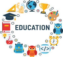 Fototapeta premium Education themed graphic with various educational icons arranged in a circular pattern