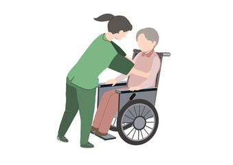 車椅子に乗った老人を抱きかかえようとしている女性の介護士