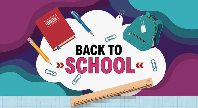 Back to school design featuring a book, pen, backpack and school supplies