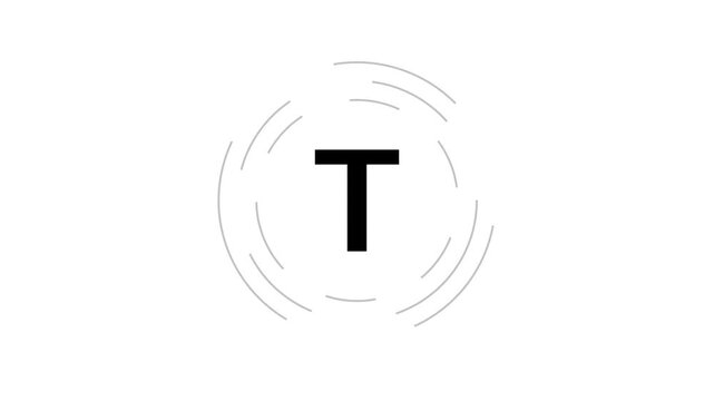 Letter T in a circle sign. Capital letter T on rotating HUD circle. Alphabet letter video on transparent animation background.