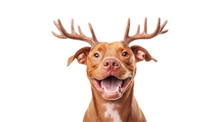 Dog with antlers smiles widely against a transparent background
