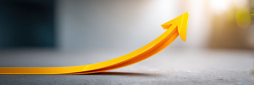 Vibrant yellow arrow curves upward symbolizing growth and success. image conveys sense of optimism and potential yield