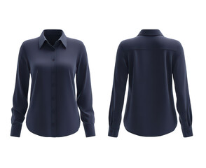 Front and back view of a women's long-sleeve button-down shirt in a deep navy color