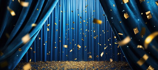 Deep blue velvet stage with golden confetti