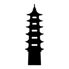 Simple black silhouette of a multistory pagoda against a white background