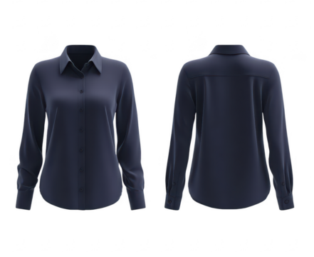 Front and back view of a women's long-sleeve button-down shirt in a deep navy color