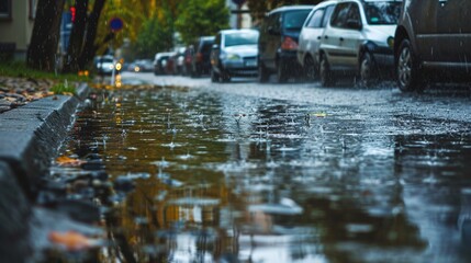 Atmospheric Scenes of Streets after Heavy Rain: Glistening Pavements, Reflections of Neon Lights, Wet Storefronts, and Misty Alleyways with Fresh Raindrops, Puddles, and Post-Storm Serenity for Urban 